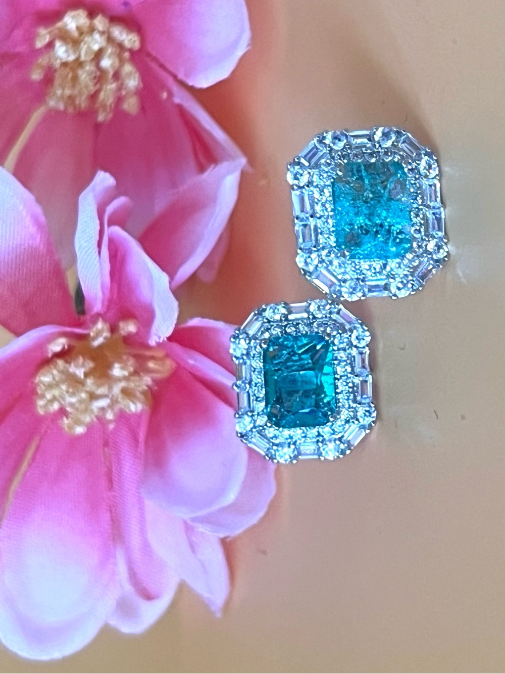 Faux paraiba & Silver  plated Earrings